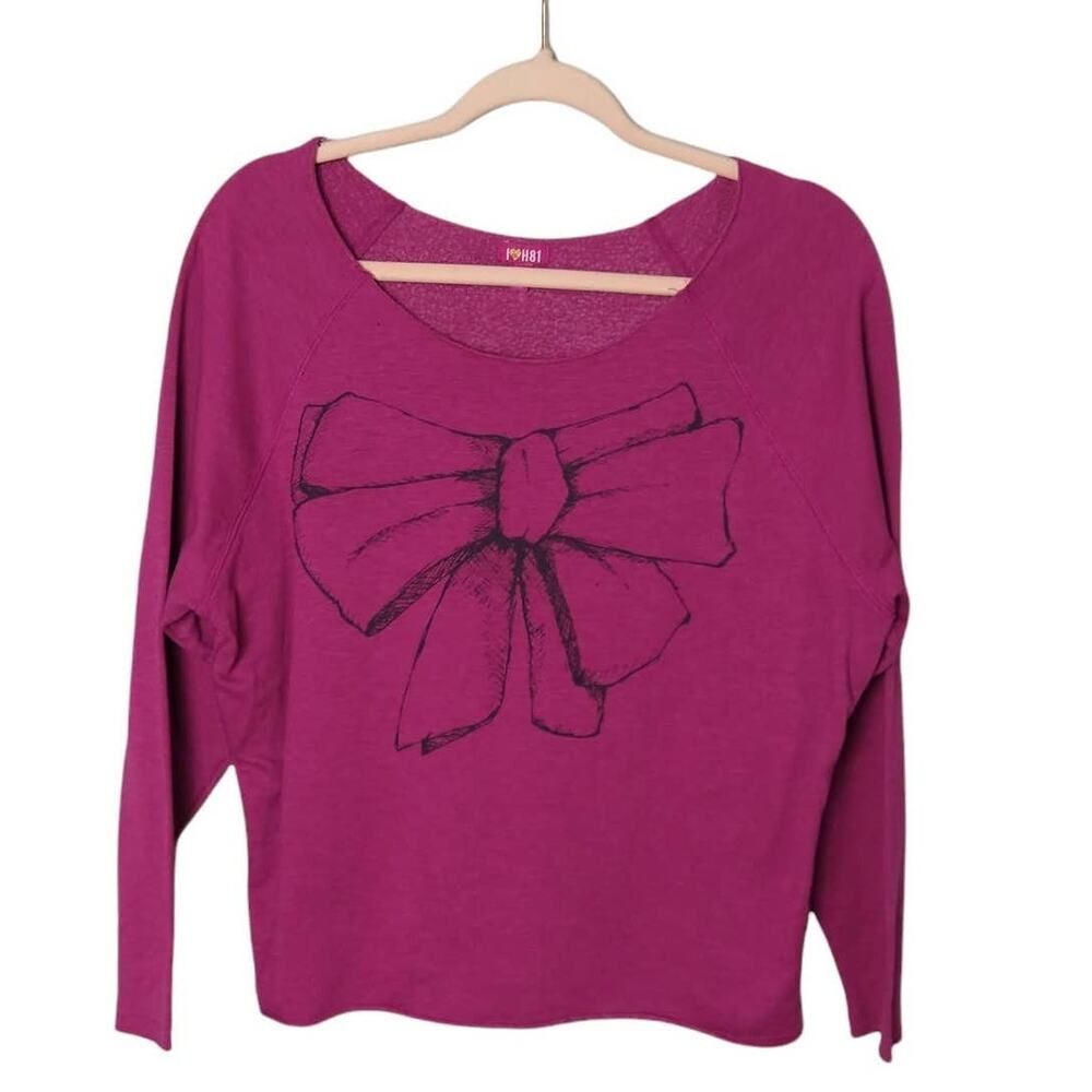 I LOVE H81 Womens Purple Raw Hem Long Sleeve Pullover Top Black Graphic Bow Sz M